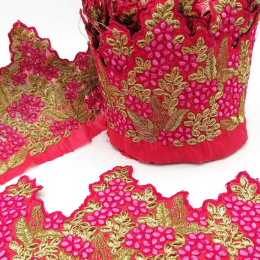 Fuchsia Pink Silk Fabric Trim, Pink & Gold Floral Embroidery Indian Sari Border Trim By Yard Decorative Trim Craft Lace